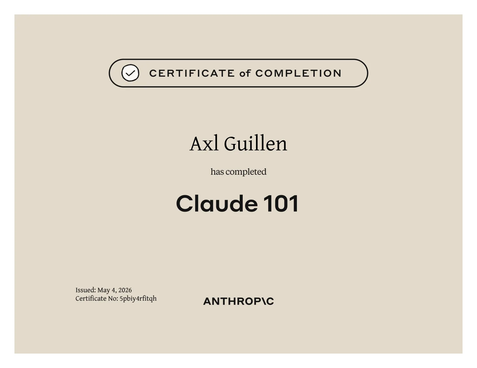 Certificado de Claude 101