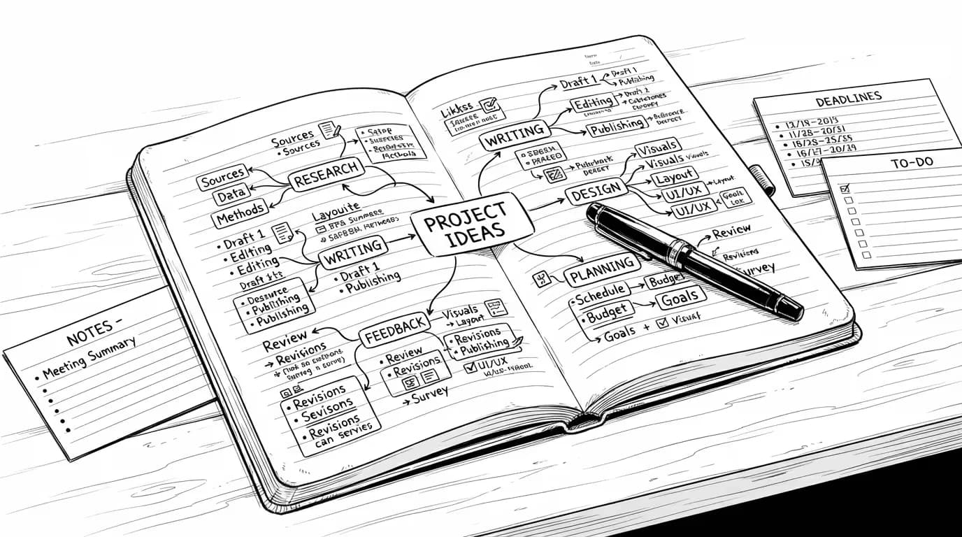 Cuaderno abierto sobre un escritorio, con notas que se conectan entre sí con líneas de tinta