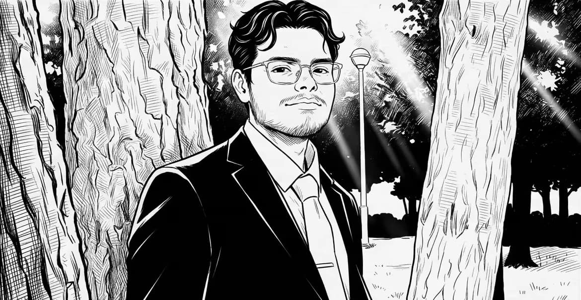 Axl Guillen apoyado en el tronco de un árbol en un parque, ilustrado a tinta