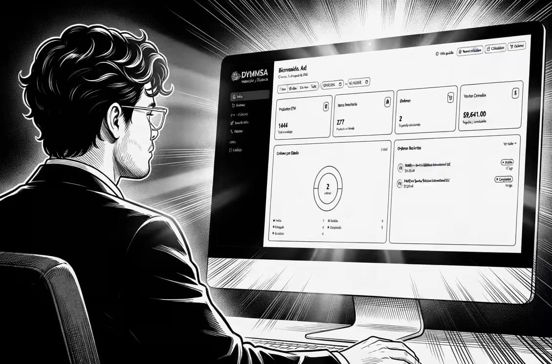 Axl Guillen de espaldas frente a un monitor que muestra el panel del sistema DYMMSA, ilustrado a tinta