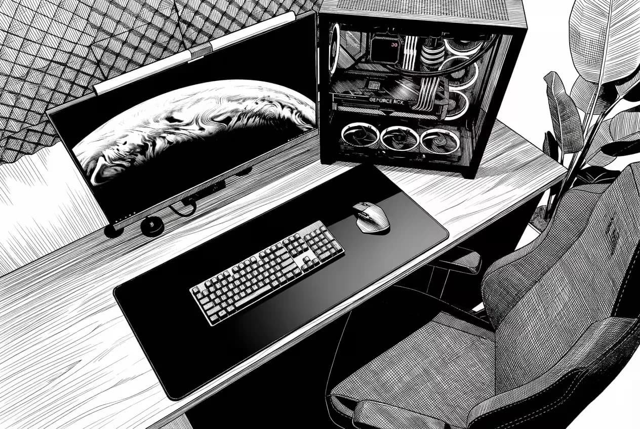 Escritorio de trabajo visto desde arriba: monitor, torre, teclado y silla, ilustrado a tinta