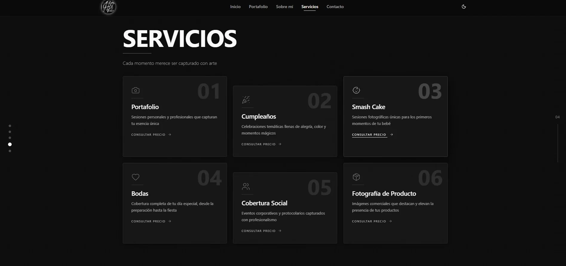 Servicios: seis, numerados, cada uno con su forma de pedir precio.