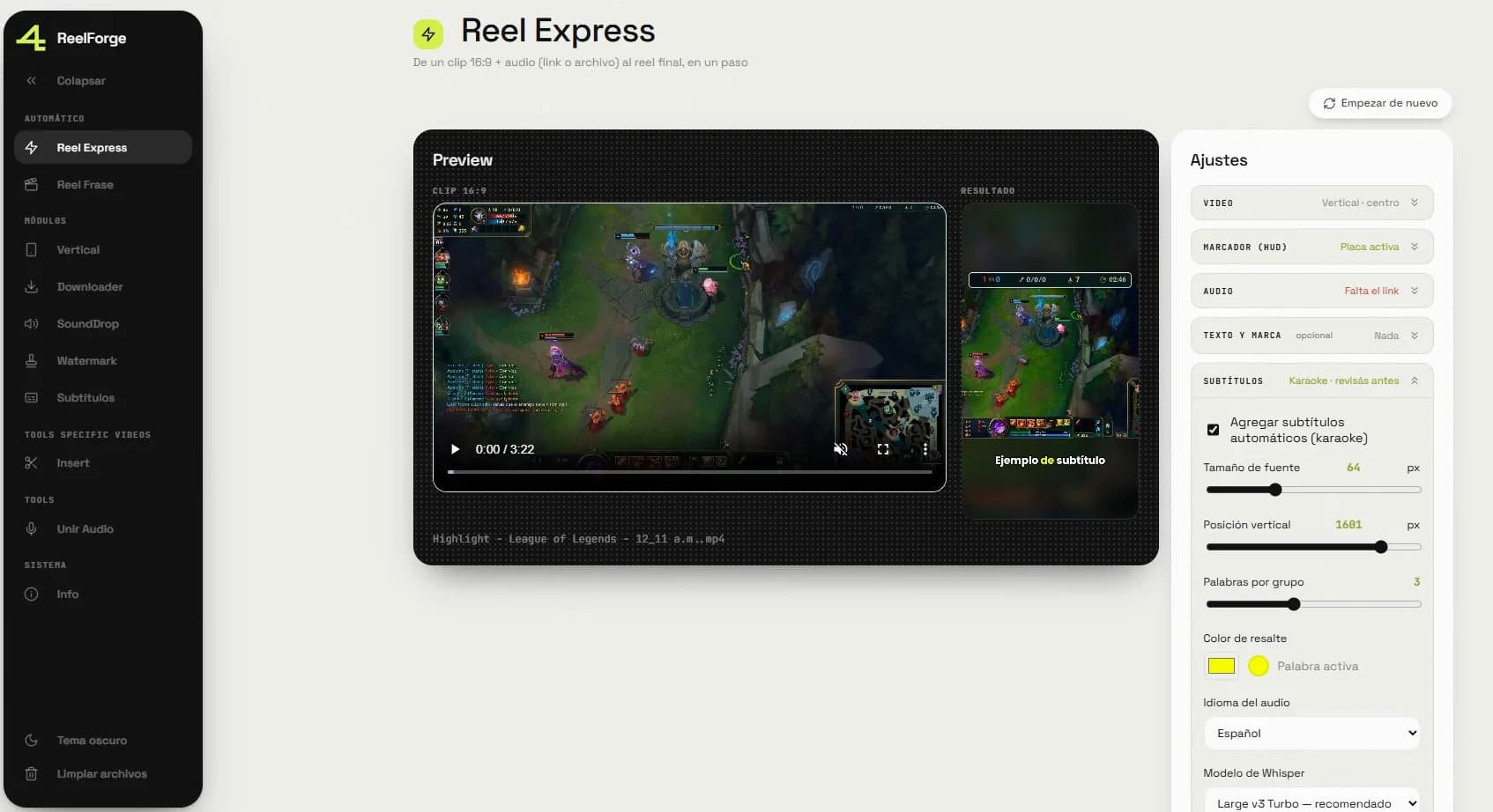 Reel Express: de un clip 16:9 más audio al reel final, en un solo paso.
