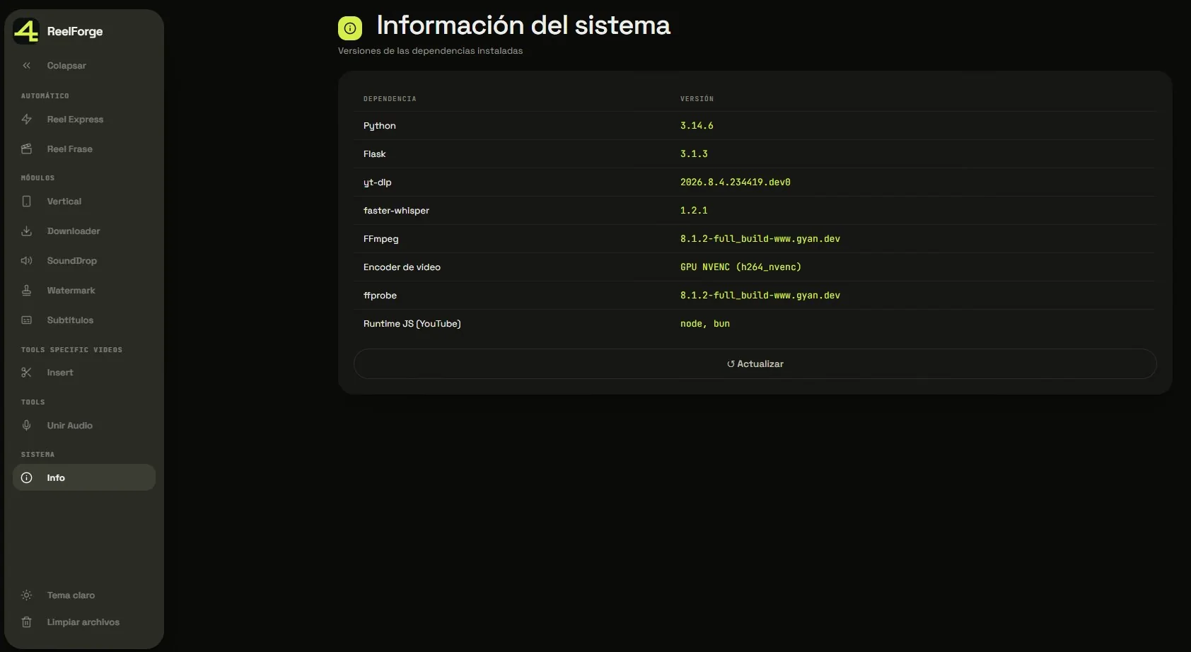 Información del sistema: FFmpeg, faster-whisper y el codificador NVENC por GPU, ahora visibles.