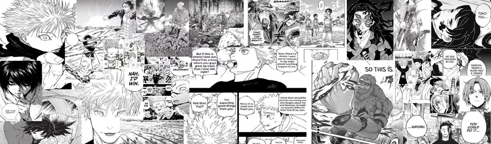 Collage de viñetas de manga en blanco y negro, mitad superior